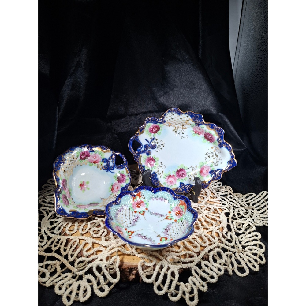Vintage Nippon Hand Painted Porcelain Nut Bowls Trinket Dish Cobalt Gold Floral